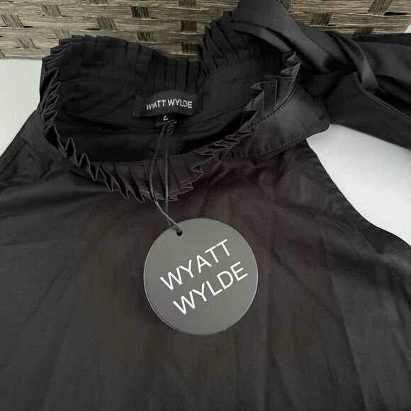 WYATT WYLDE Maxi Dress Large L Black Womens Helena Tie Neck Pockets Cotton New - Picture 6 of 13